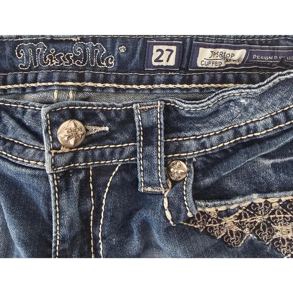 Miss Me Size 27 Jeans Fleur De Lis Rhinestone Capri Sequin Flap Pocket Crop - Picture 6 of 12